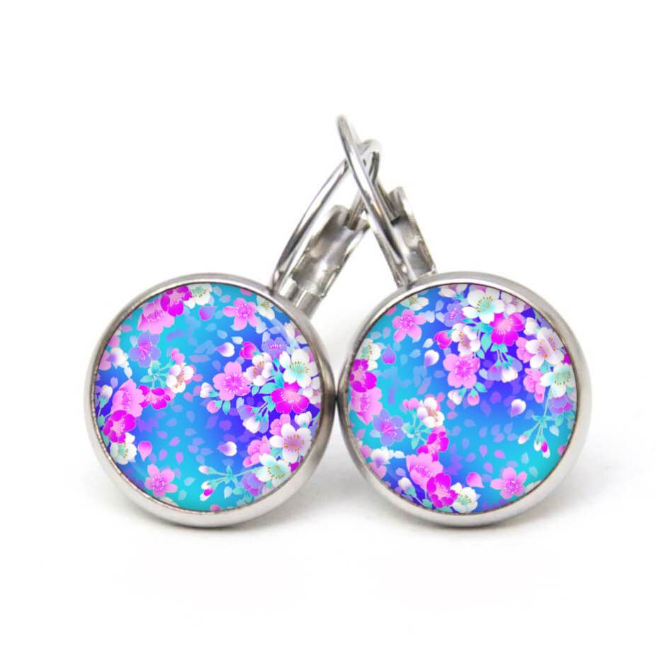 Druckknopf Ohrstecker Ohrhänger Clipse Blumenregen blau und rosa Druckknopf Ohrstecker Ohrhänger Clipse Blumenregen blau und rosa
