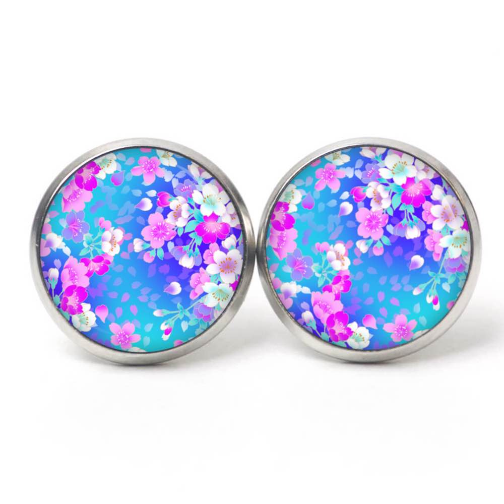Druckknopf Ohrstecker Ohrhänger Clipse Blumenregen blau und rosa Druckknopf Ohrstecker Ohrhänger Clipse Blumenregen blau und rosa
