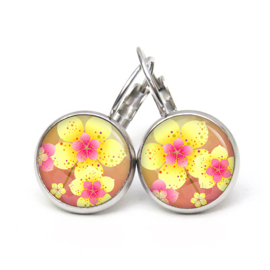 Druckknopf Ohrstecker Ohrhänger japanische Blumen gelb rosa Druckknopf Ohrstecker Ohrhänger japanische Blumen gelb rosa