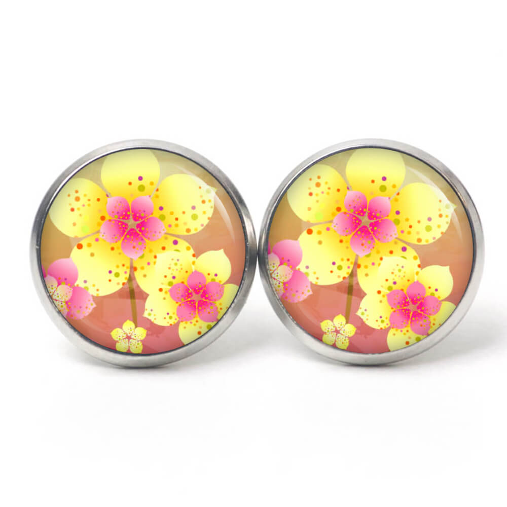 Druckknopf Ohrstecker Ohrhänger japanische Blumen gelb rosa Druckknopf Ohrstecker Ohrhänger japanische Blumen gelb rosa