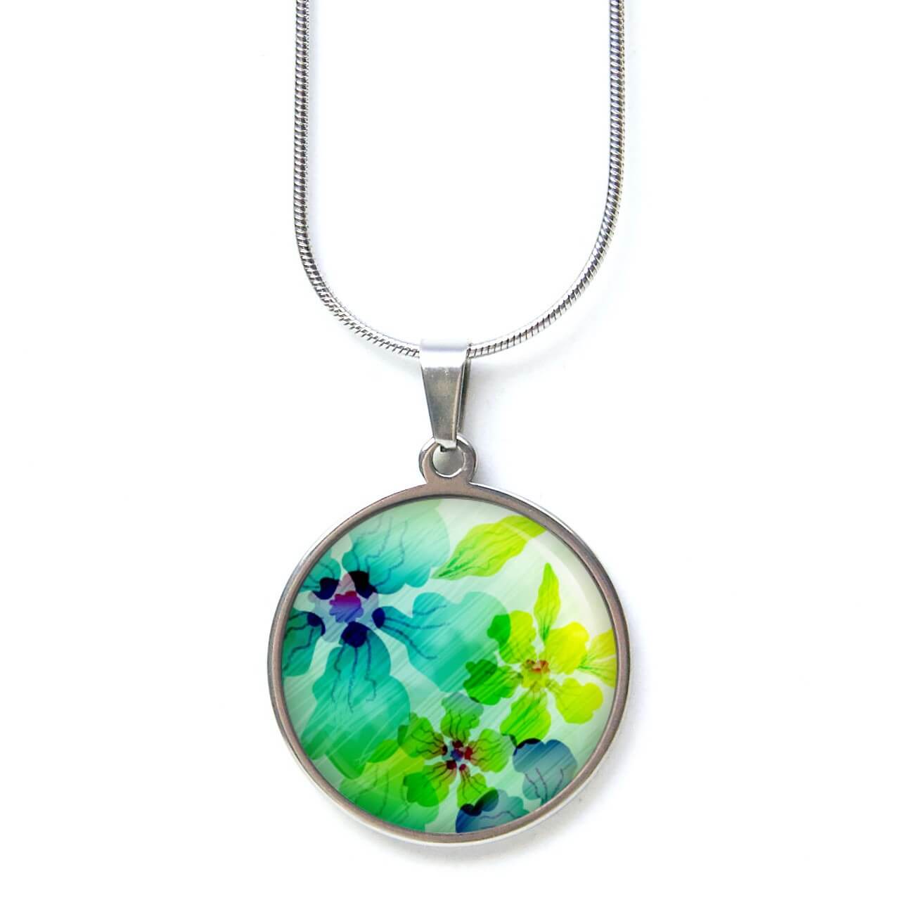 Edelstahl Kette mit großen tropischen Blumen türkis grün Edelstahl Kette mit großen tropischen Blumen türkis grün