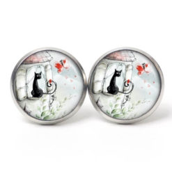 Druckknopf Ohrstecker Ohrhänger Clipse Katze mit roten Schmetterling