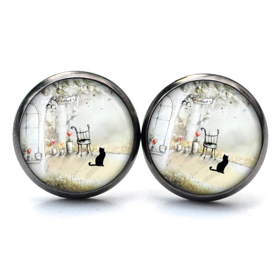 Druckknopf Ohrstecker Ohrhänger Clipse schwarze Katze mit einem Stuhl Druckknopf Ohrstecker Ohrhänger Clipse schwarze Katze mit einem Stuhl