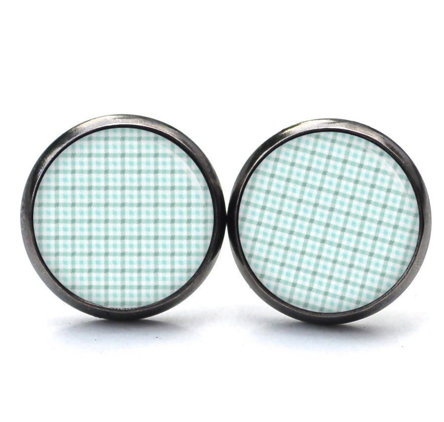 Ohrstecker, Ohrhänger, Clipse & Druckknopf – Motiv blau türkises Karomuster – Schmuck aus Edelstahl Ohrstecker, Ohrhänger, Clipse & Druckknopf - Motiv blau türkises Karomuster - Schmuck aus Edelstahl