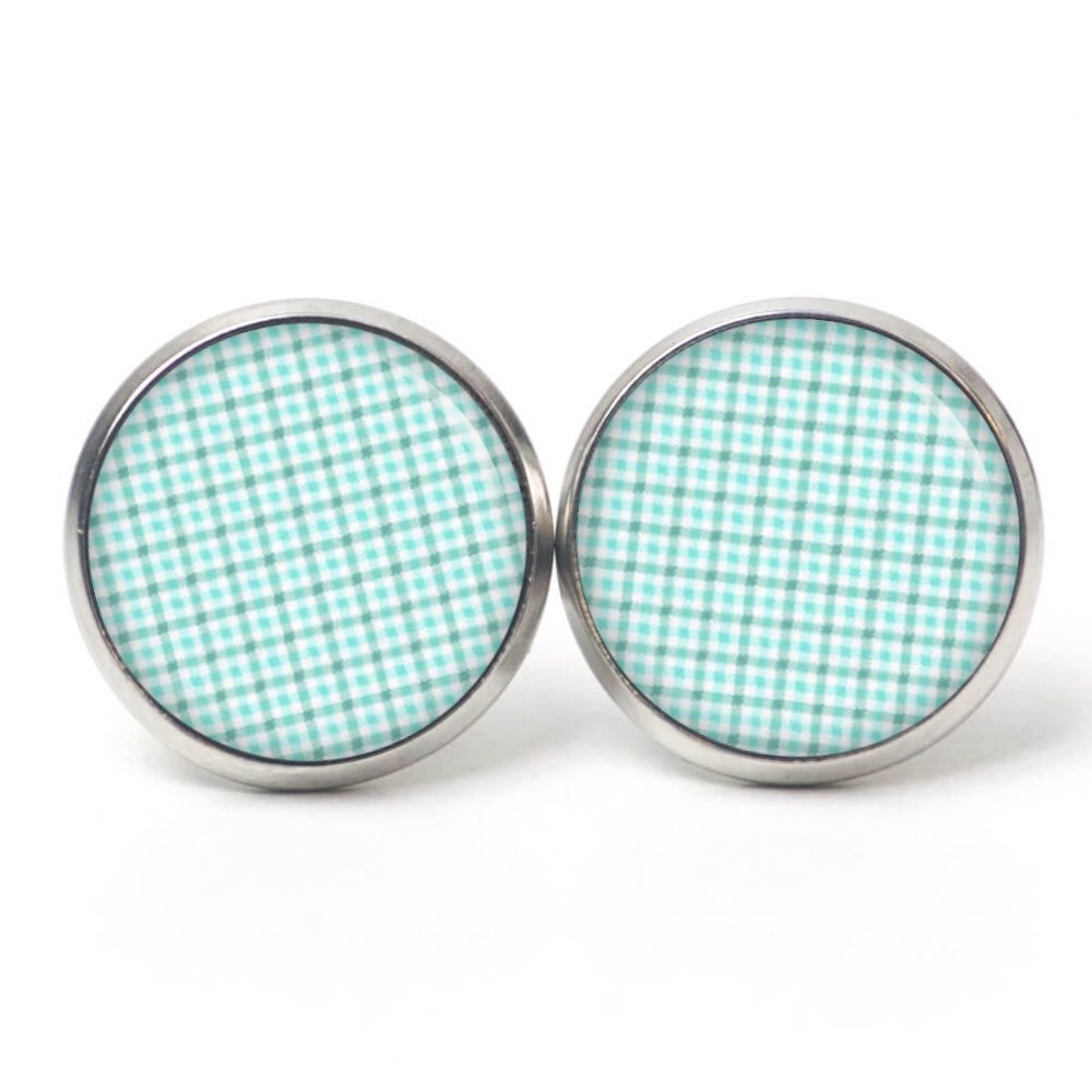 Ohrstecker, Ohrhänger, Clipse & Druckknopf – Motiv blau türkises Karomuster – Schmuck aus Edelstahl Ohrstecker, Ohrhänger, Clipse & Druckknopf - Motiv blau türkises Karomuster - Schmuck aus Edelstahl