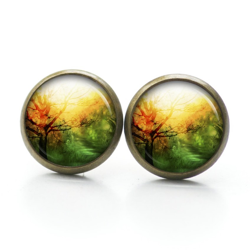 Ohrstecker, Ohrhänger, Clipse & Druckknopf – Motiv Herbstwald grün gelb – Schmuck aus Edelstahl Ohrstecker, Ohrhänger, Clipse & Druckknopf – Motiv Herbstwald grün gelb – Schmuck aus Edelstahl