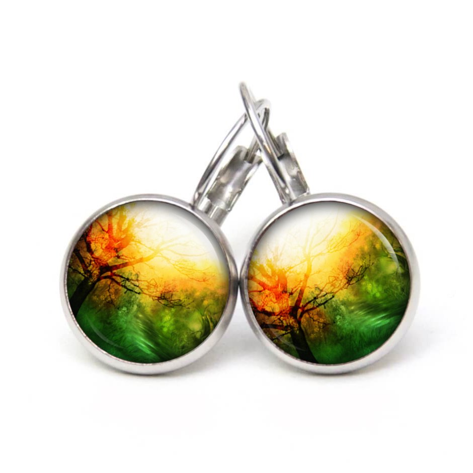 Ohrstecker, Ohrhänger, Clipse & Druckknopf – Motiv Herbstwald grün gelb – Schmuck aus Edelstahl Ohrstecker, Ohrhänger, Clipse & Druckknopf – Motiv Herbstwald grün gelb – Schmuck aus Edelstahl