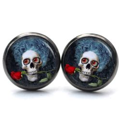 Ohrstecker, Ohrhänger, Clipse & Druckknopf – Motiv Totenkopf mit roter Rose – Schmuck aus Edelstahl Ohrstecker, Ohrhänger, Clipse & Druckknopf – Motiv Totenkopf mit roter Rose – Schmuck aus Edelstahl