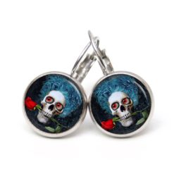 Ohrstecker, Ohrhänger, Clipse & Druckknopf – Motiv Totenkopf mit roter Rose – Schmuck aus Edelstahl Ohrstecker, Ohrhänger, Clipse & Druckknopf – Motiv Totenkopf mit roter Rose – Schmuck aus Edelstahl