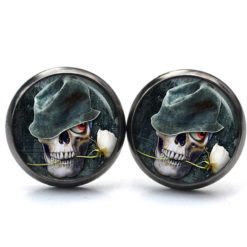 Ohrstecker, Ohrhänger, Clipse & Druckknopf – Motiv Totenkopf mit weißer Rose – Schmuck aus Edelstahl Ohrstecker, Ohrhänger, Clipse & Druckknopf – Motiv Totenkopf mit weißer Rose – Schmuck aus Edelstahl