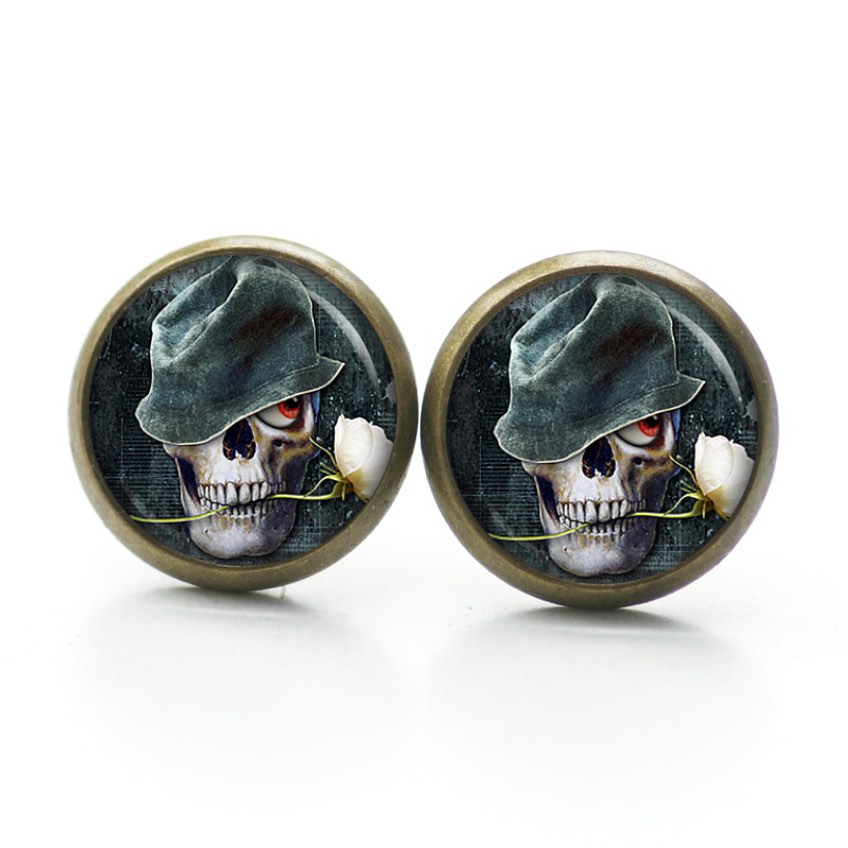 Ohrstecker, Ohrhänger, Clipse & Druckknopf – Motiv Totenkopf mit weißer Rose – Schmuck aus Edelstahl Ohrstecker, Ohrhänger, Clipse & Druckknopf – Motiv Totenkopf mit weißer Rose – Schmuck aus Edelstahl