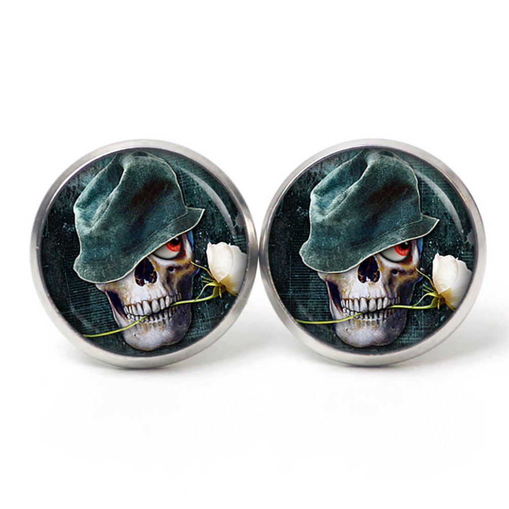 Ohrstecker, Ohrhänger, Clipse & Druckknopf – Motiv Totenkopf mit weißer Rose – Schmuck aus Edelstahl Ohrstecker, Ohrhänger, Clipse & Druckknopf – Motiv Totenkopf mit weißer Rose – Schmuck aus Edelstahl