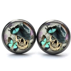 Ohrstecker, Ohrhänger, Clipse & Druckknopf – Motiv Totenkopf mit Schmetterlingen – Schmuck aus Edelstahl Ohrstecker, Ohrhänger, Clipse & Druckknopf – Motiv Totenkopf mit Schmetterlingen – Schmuck aus Edelstahl