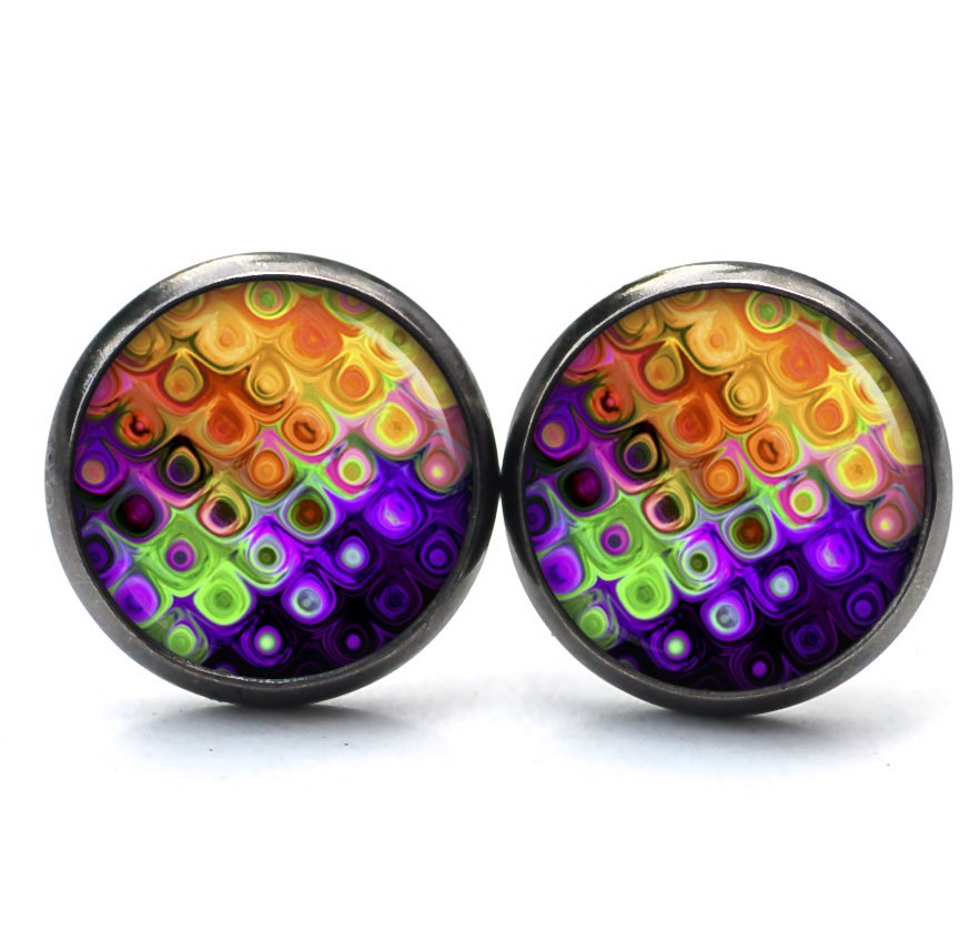 Ohrstecker, Ohrhänger, Clipse & Druckknopf – Motiv Kunterbunt 60er orange grün violett – Schmuck aus Edelstahl Ohrstecker, Ohrhänger, Clipse & Druckknopf – Motiv Kunterbunt 60er orange grün violett – Schmuck aus Edelstahl