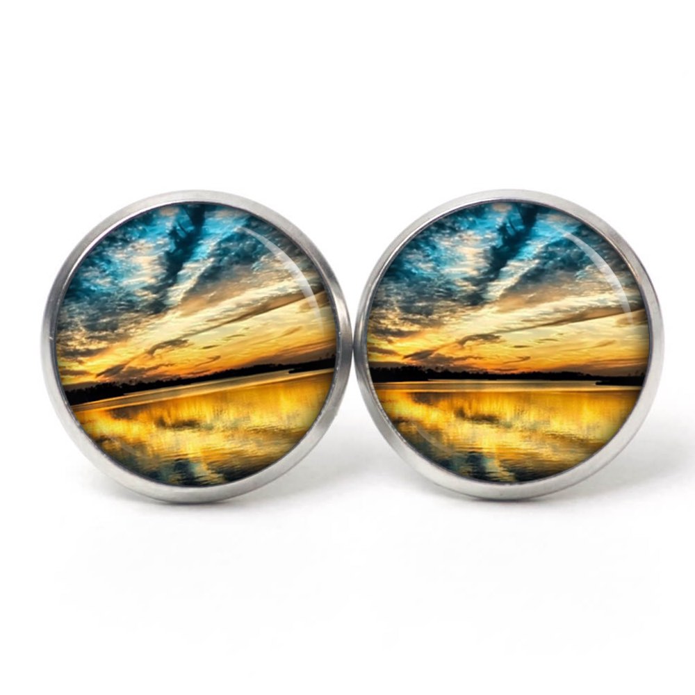 Ohrstecker, Ohrhänger, Clipse & Druckknopf – Motiv Sonnenuntergang am See – Schmuck aus Edelstahl Ohrstecker, Ohrhänger, Clipse & Druckknopf – Motiv Sonnenuntergang am See – Schmuck aus Edelstahl