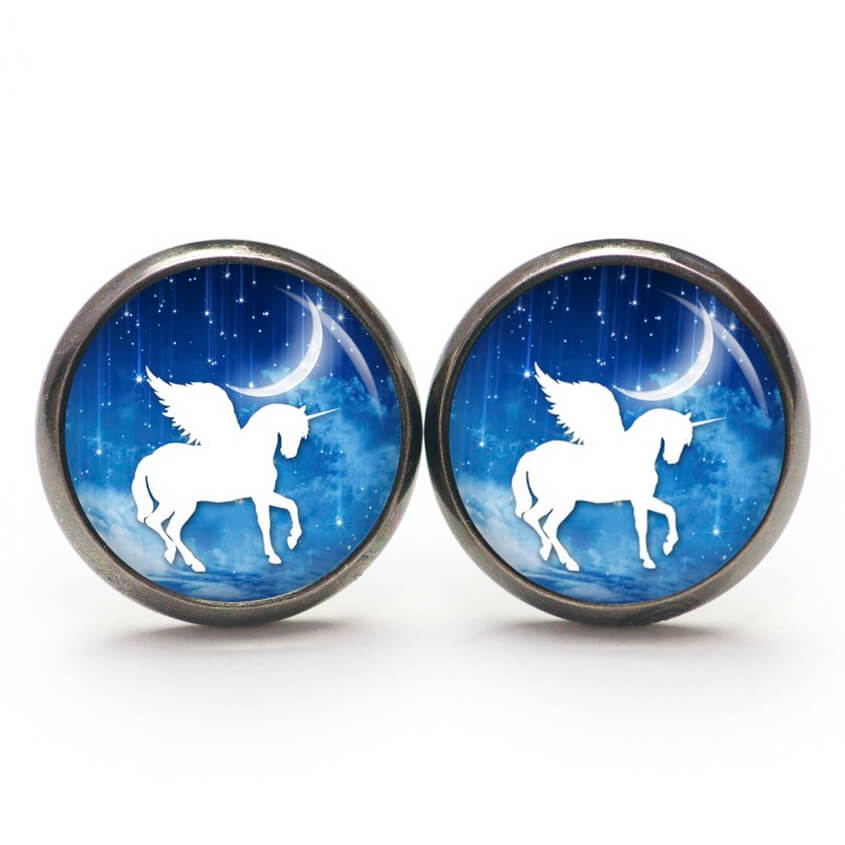 Ohrstecker, Ohrhänger, Clipse & Druckknopf – Motiv weißes Einhorn mit Halbmond – Schmuck aus Edelstahl Ohrstecker, Ohrhänger, Clipse & Druckknopf – Motiv weißes Einhorn mit Halbmond – Schmuck aus Edelstahl