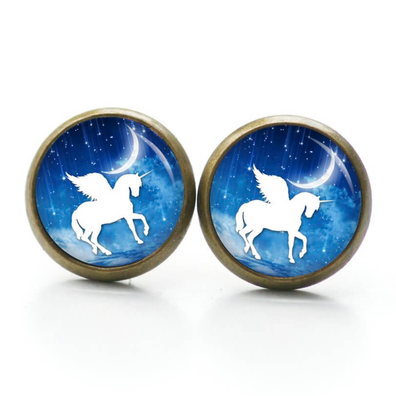 Ohrstecker, Ohrhänger, Clipse & Druckknopf – Motiv weißes Einhorn mit Halbmond – Schmuck aus Edelstahl Ohrstecker, Ohrhänger, Clipse & Druckknopf – Motiv weißes Einhorn mit Halbmond – Schmuck aus Edelstahl