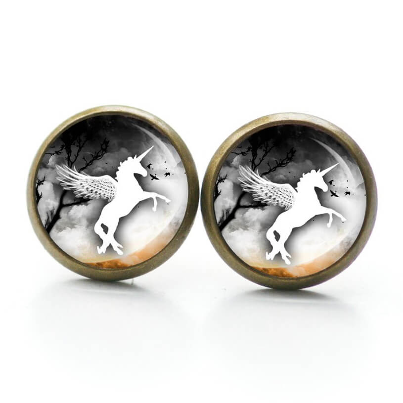 Ohrstecker, Ohrhänger, Clipse & Druckknopf – Motiv weißes Einhorn in der Nacht – Schmuck aus Edelstahl Ohrstecker, Ohrhänger, Clipse & Druckknopf – Motiv weißes Einhorn in der Nacht – Schmuck aus Edelstahl