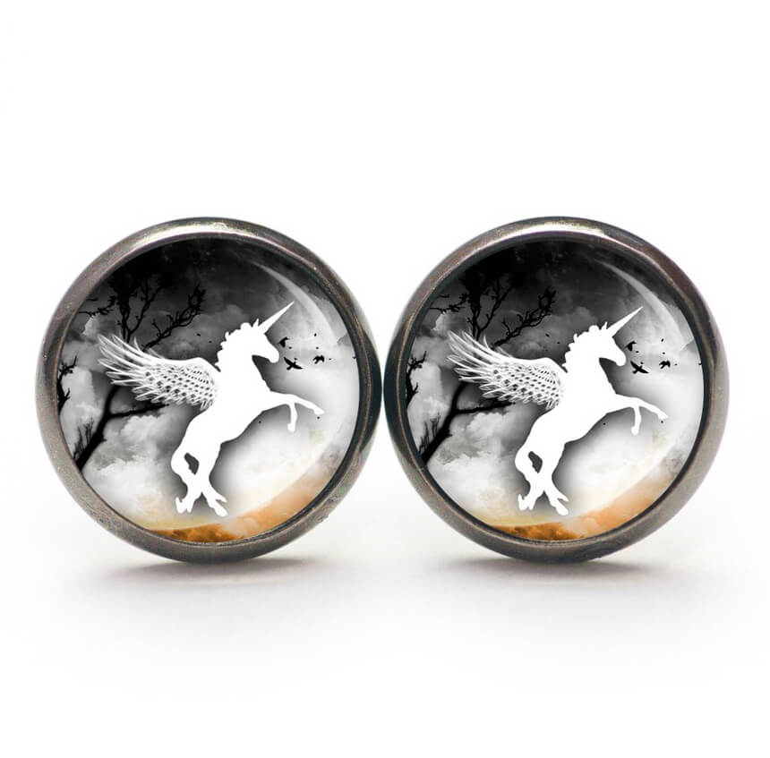 Ohrstecker, Ohrhänger, Clipse & Druckknopf – Motiv weißes Einhorn in der Nacht – Schmuck aus Edelstahl Ohrstecker, Ohrhänger, Clipse & Druckknopf – Motiv weißes Einhorn in der Nacht – Schmuck aus Edelstahl