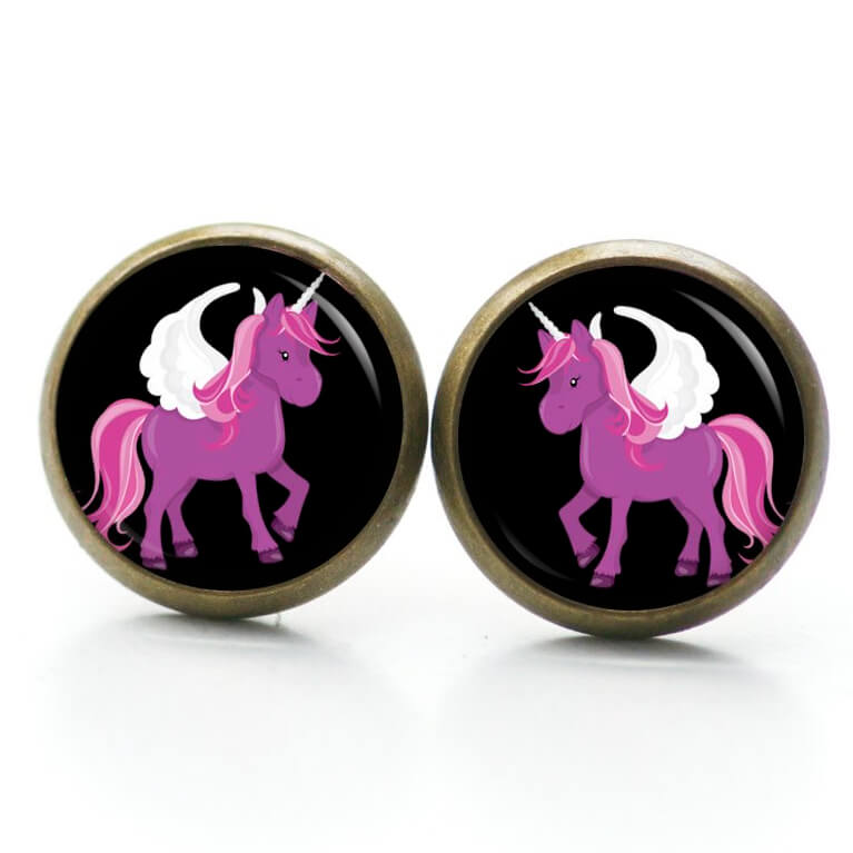 Ohrstecker, Ohrhänger, Clipse & Druckknopf – Motiv lila Einhorn Fantasie Welt – Schmuck aus Edelstahl Ohrstecker, Ohrhänger, Clipse & Druckknopf – Motiv lila Einhorn Fantasie Welt – Schmuck aus Edelstahl