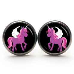 Ohrstecker, Ohrhänger, Clipse & Druckknopf – Motiv lila Einhorn Fantasie Welt – Schmuck aus Edelstahl Ohrstecker, Ohrhänger, Clipse & Druckknopf – Motiv lila Einhorn Fantasie Welt – Schmuck aus Edelstahl