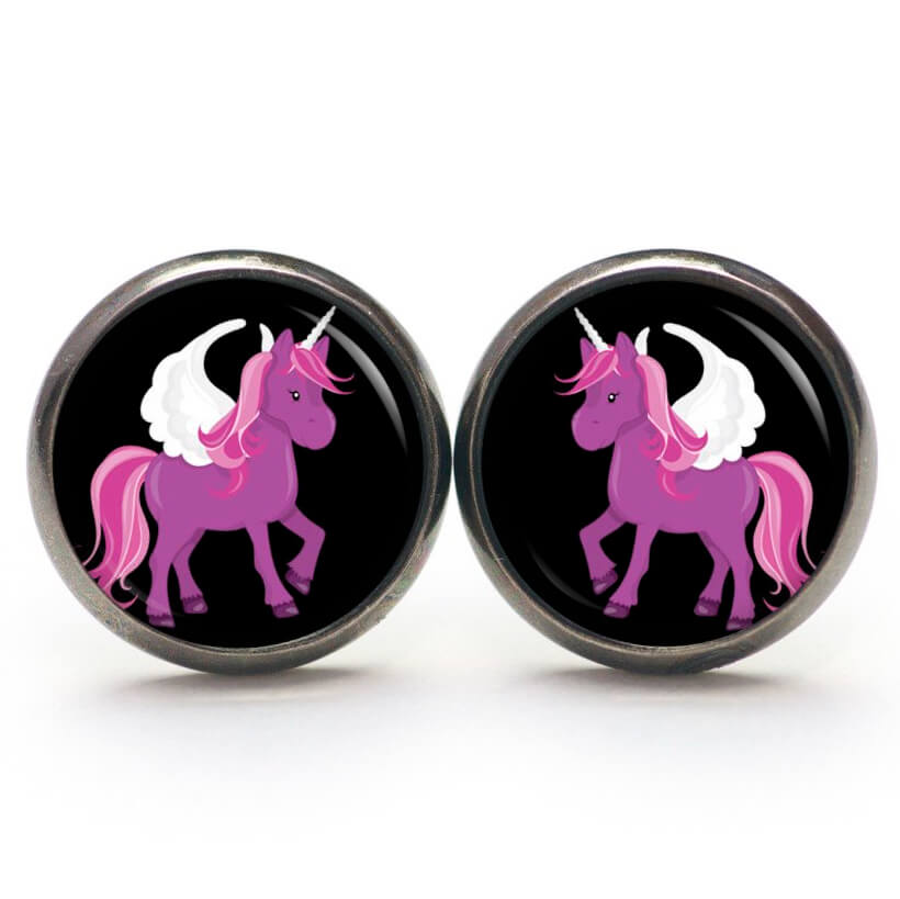 Ohrstecker, Ohrhänger, Clipse & Druckknopf – Motiv lila Einhorn Fantasie Welt – Schmuck aus Edelstahl Ohrstecker, Ohrhänger, Clipse & Druckknopf – Motiv lila Einhorn Fantasie Welt – Schmuck aus Edelstahl