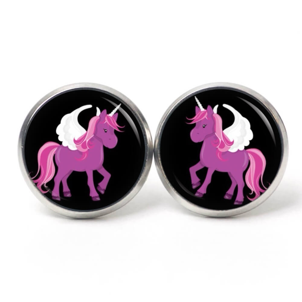Ohrstecker, Ohrhänger, Clipse & Druckknopf – Motiv lila Einhorn Fantasie Welt – Schmuck aus Edelstahl Ohrstecker, Ohrhänger, Clipse & Druckknopf – Motiv lila Einhorn Fantasie Welt – Schmuck aus Edelstahl