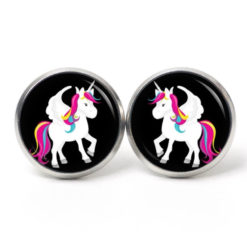 Ohrstecker, Ohrhänger, Clipse & Druckknopf – Motiv Regenbogen Einhorn Weiß Schwarz – Schmuck aus Edelstahl