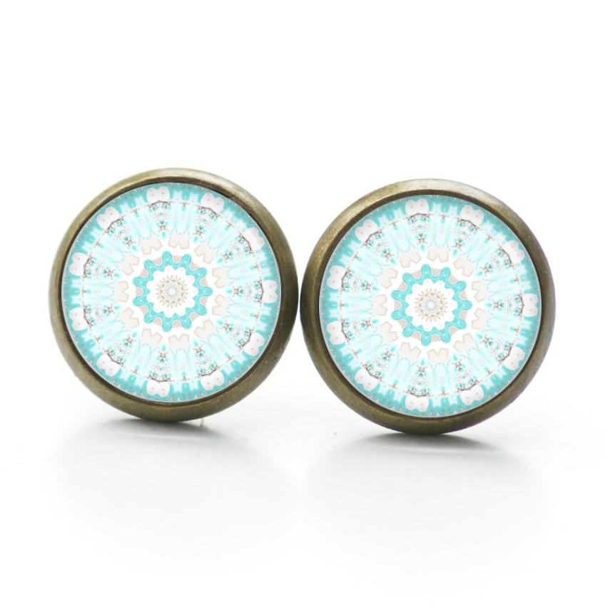 Ohrstecker, Ohrhänger, Clipse & Druckknopf – Motiv türkis weiß verspieltes Mandala Mosaik – Schmuck aus Edelstahl Ohrstecker, Ohrhänger, Clipse & Druckknopf – Motiv türkis weiß verspieltes Mandala Mosaik – Schmuck aus Edelstahl