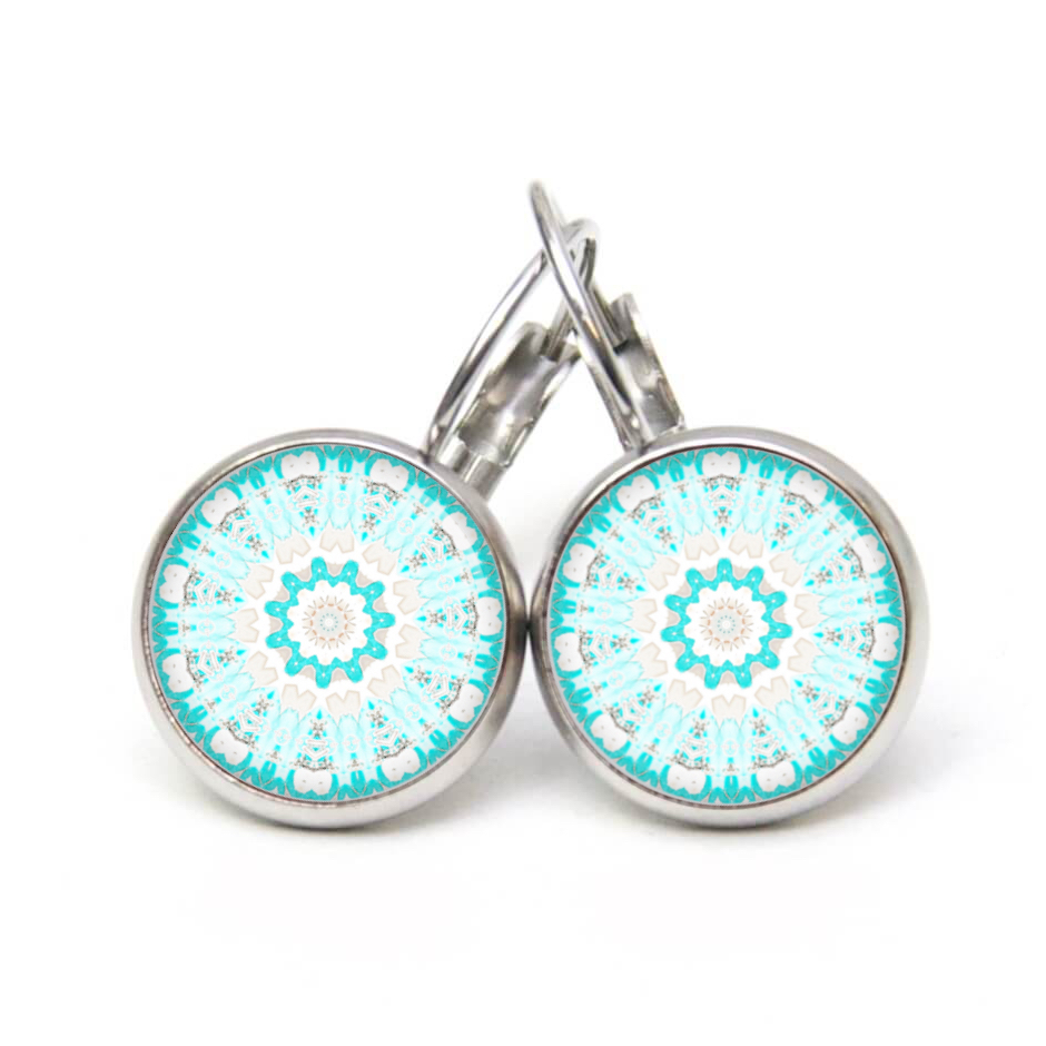Ohrstecker, Ohrhänger, Clipse & Druckknopf – Motiv türkis weiß verspieltes Mandala Mosaik – Schmuck aus Edelstahl Ohrstecker, Ohrhänger, Clipse & Druckknopf – Motiv türkis weiß verspieltes Mandala Mosaik – Schmuck aus Edelstahl