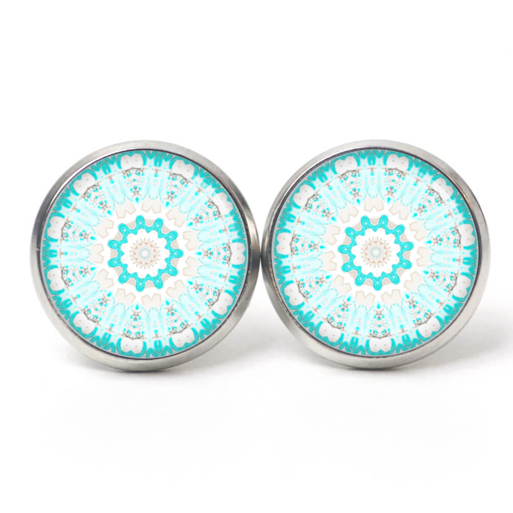 Ohrstecker, Ohrhänger, Clipse & Druckknopf – Motiv türkis weiß verspieltes Mandala Mosaik – Schmuck aus Edelstahl Ohrstecker, Ohrhänger, Clipse & Druckknopf – Motiv türkis weiß verspieltes Mandala Mosaik – Schmuck aus Edelstahl