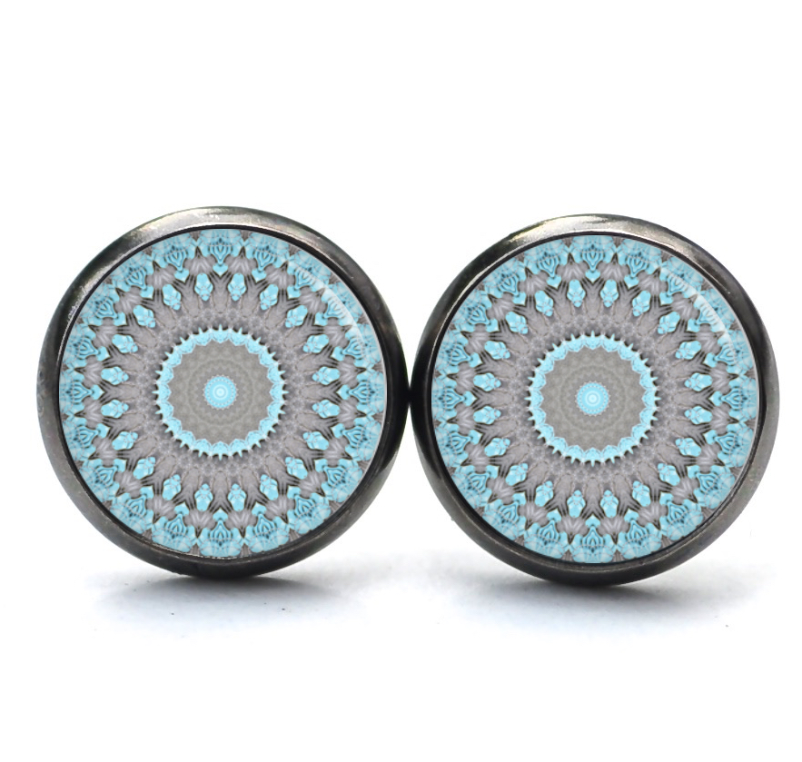 Ohrstecker, Ohrhänger, Clipse & Druckknopf – Motiv türkis graues Mandala – Schmuck aus Edelstahl Ohrstecker, Ohrhänger, Clipse & Druckknopf – Motiv türkis graues Mandala – Schmuck aus Edelstahl