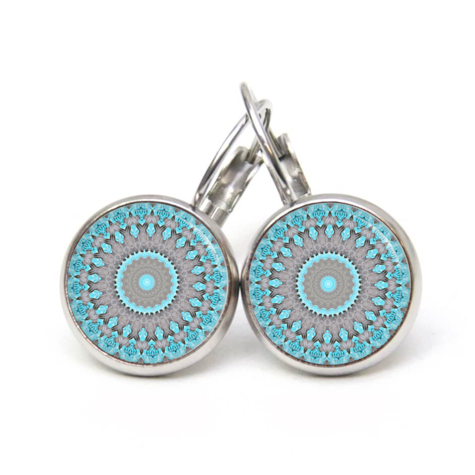 Ohrstecker, Ohrhänger, Clipse & Druckknopf – Motiv türkis graues Mandala – Schmuck aus Edelstahl Ohrstecker, Ohrhänger, Clipse & Druckknopf – Motiv türkis graues Mandala – Schmuck aus Edelstahl