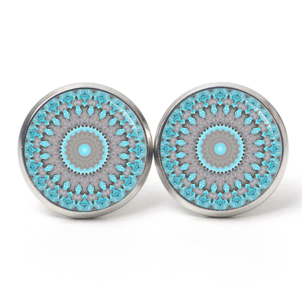 Ohrstecker, Ohrhänger, Clipse & Druckknopf – Motiv türkis graues Mandala – Schmuck aus Edelstahl Ohrstecker, Ohrhänger, Clipse & Druckknopf – Motiv türkis graues Mandala – Schmuck aus Edelstahl