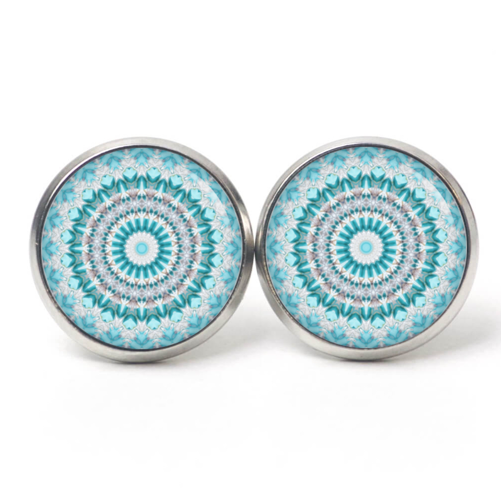 Ohrstecker, Ohrhänger, Clipse & Druckknopf – Motiv türkis graues Mandala Muster – Schmuck aus Edelstahl Ohrstecker, Ohrhänger, Clipse & Druckknopf – Motiv türkis graues Mandala Muster – Schmuck aus Edelstahl