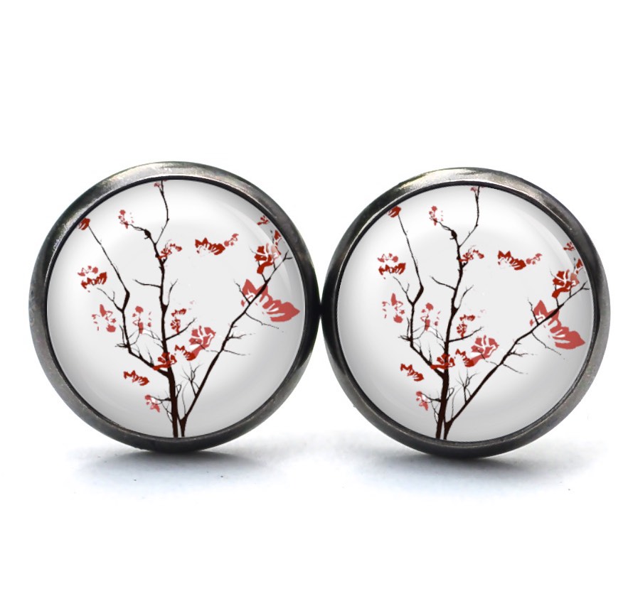 Ohrstecker, Ohrhänger, Clipse & Druckknopf – Motiv rote japanische Kirschblüten – Schmuck aus Edelstahl Ohrstecker, Ohrhänger, Clipse & Druckknopf – Motiv rote japanische Kirschblüten – Schmuck aus Edelstahl