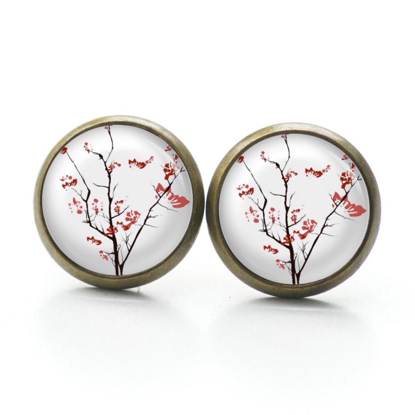 Ohrstecker, Ohrhänger, Clipse & Druckknopf – Motiv rote japanische Kirschblüten – Schmuck aus Edelstahl Ohrstecker, Ohrhänger, Clipse & Druckknopf – Motiv rote japanische Kirschblüten – Schmuck aus Edelstahl
