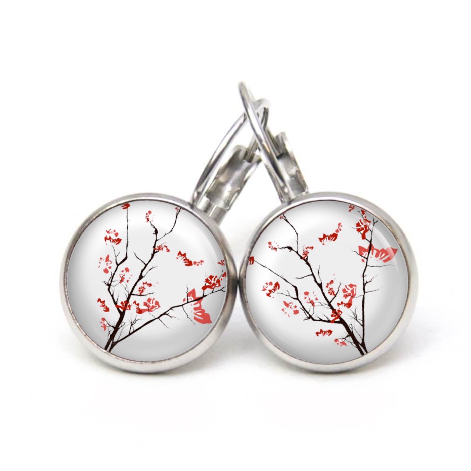 Ohrstecker, Ohrhänger, Clipse & Druckknopf – Motiv rote japanische Kirschblüten – Schmuck aus Edelstahl Ohrstecker, Ohrhänger, Clipse & Druckknopf – Motiv rote japanische Kirschblüten – Schmuck aus Edelstahl