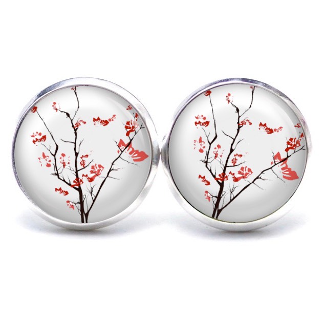 Ohrstecker, Ohrhänger, Clipse & Druckknopf – Motiv rote japanische Kirschblüten – Schmuck aus Edelstahl Ohrstecker, Ohrhänger, Clipse & Druckknopf – Motiv rote japanische Kirschblüten – Schmuck aus Edelstahl