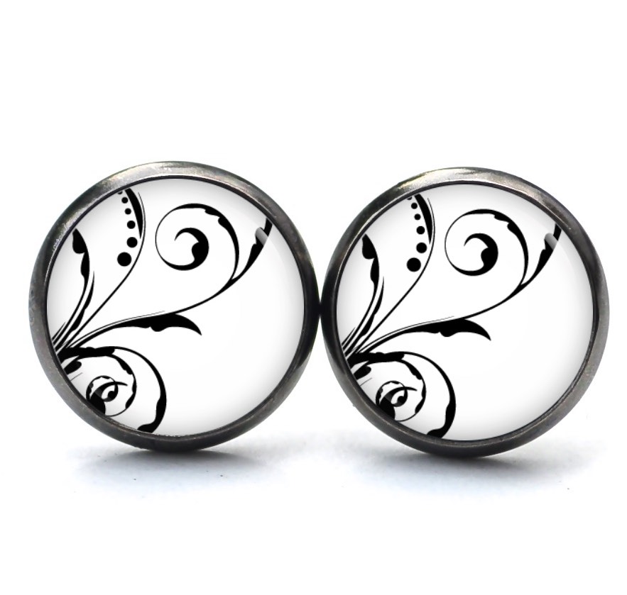Ohrstecker, Ohrhänger, Clipse & Druckknopf – Motiv zarte Blumenranken in schwarz und weiß – Schmuck aus Edelstahl Ohrstecker, Ohrhänger, Clipse & Druckknopf – Motiv zarte Blumenranken in schwarz und weiß – Schmuck aus Edelstahl