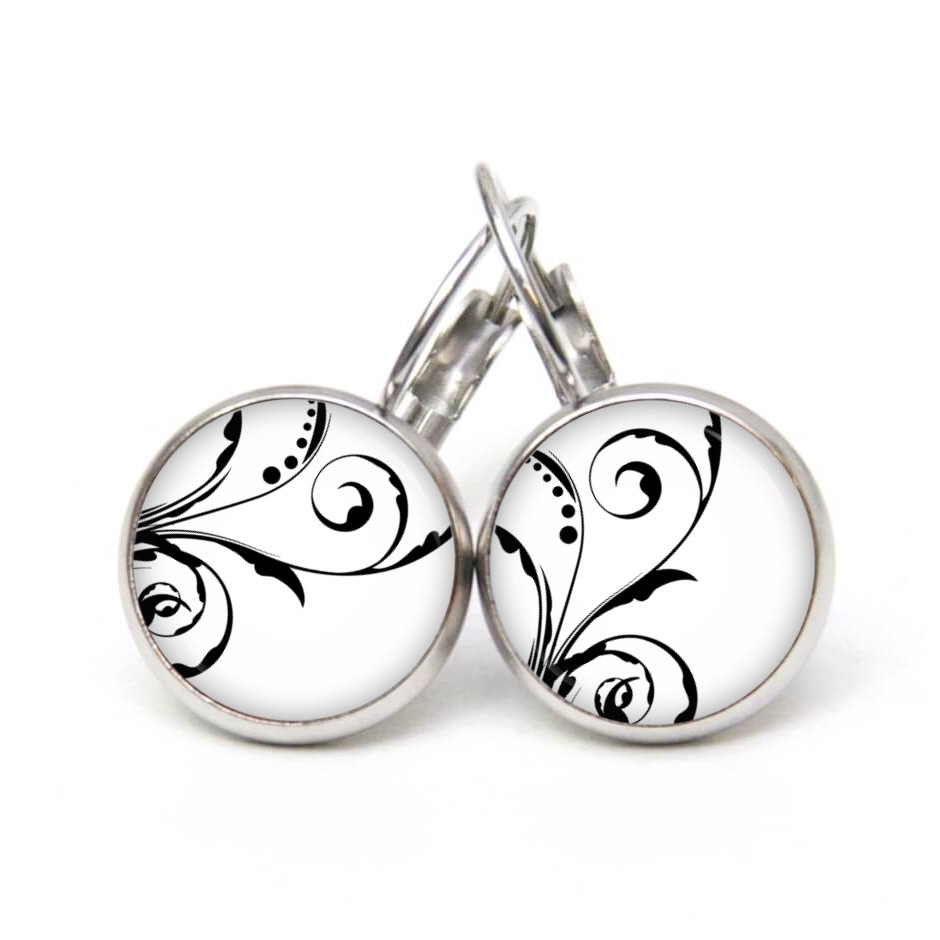 Ohrstecker, Ohrhänger, Clipse & Druckknopf – Motiv zarte Blumenranken in schwarz und weiß – Schmuck aus Edelstahl Ohrstecker, Ohrhänger, Clipse & Druckknopf – Motiv zarte Blumenranken in schwarz und weiß – Schmuck aus Edelstahl