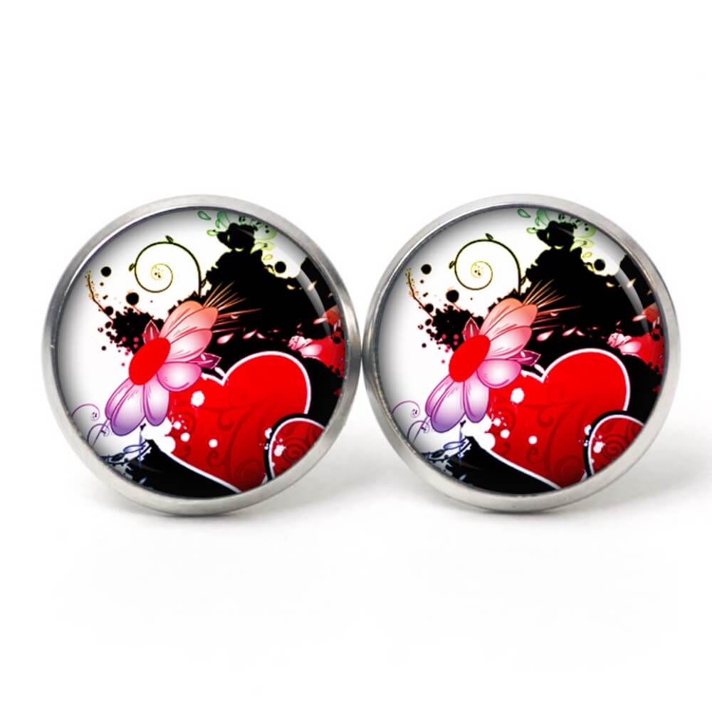 Ohrstecker, Ohrhänger, Clipse & Druckknopf – Motiv rotes Herz mit Blume – Schmuck aus Edelstahl Ohrstecker, Ohrhänger, Clipse & Druckknopf – Motiv rotes Herz mit Blume – Schmuck aus Edelstahl