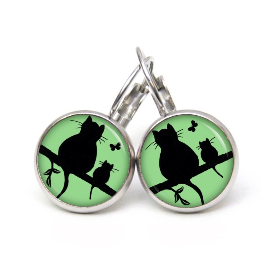 Druckknopf Ohrstecker Ohrhänger Clipse Katze und Babykatze mit Schmetterling in Grün Druckknopf Ohrstecker Ohrhänger Clipse Katze und Babykatze mit Schmetterling in Grün