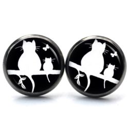 Druckknopf Ohrstecker Ohrhänger Clipse Katze und Babykatze mit Schmetterling in schwarz Druckknopf Ohrstecker Ohrhänger Clipse Katze und Babykatze mit Schmetterling in schwarz