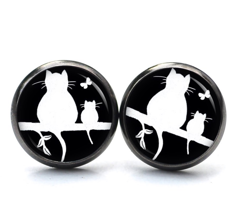 Druckknopf Ohrstecker Ohrhänger Clipse Katze und Babykatze mit Schmetterling in schwarz Druckknopf Ohrstecker Ohrhänger Clipse Katze und Babykatze mit Schmetterling in schwarz