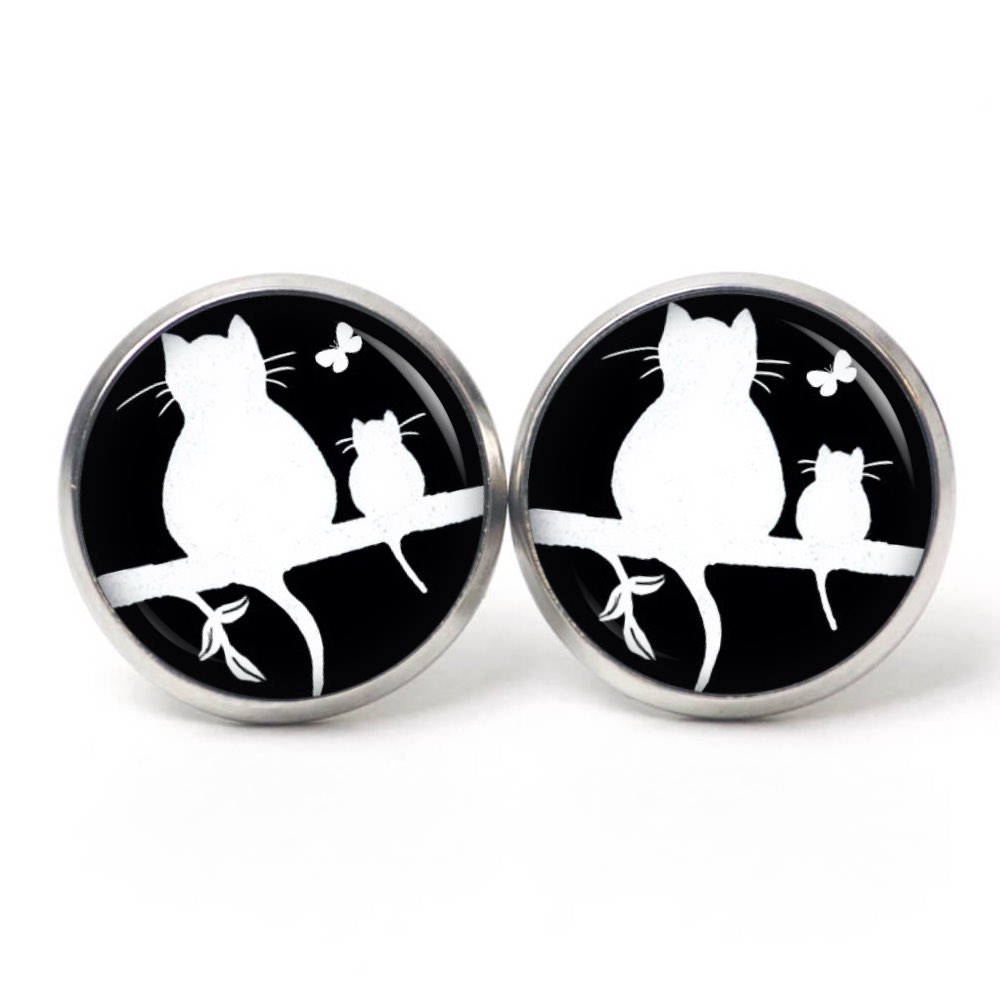 Druckknopf Ohrstecker Ohrhänger Clipse Katze und Babykatze mit Schmetterling in schwarz Druckknopf Ohrstecker Ohrhänger Clipse Katze und Babykatze mit Schmetterling in schwarz
