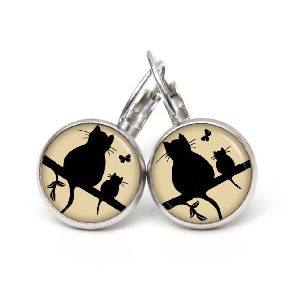 Druckknopf Ohrstecker Ohrhänger Clipse Katze und Babykatze mit Schmetterling in beige Druckknopf Ohrstecker Ohrhänger Clipse Katze und Babykatze mit Schmetterling in beige
