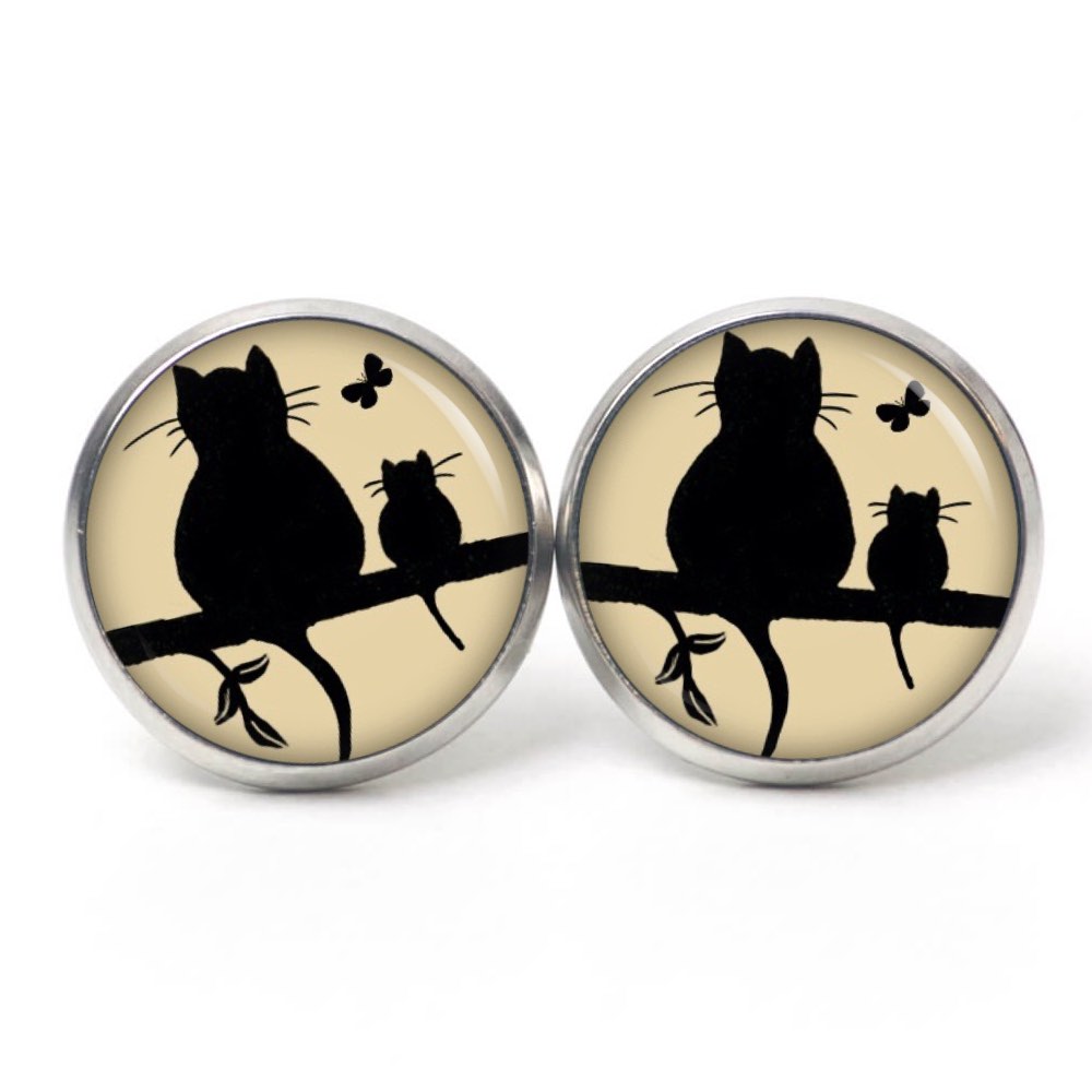 Druckknopf Ohrstecker Ohrhänger Clipse Katze und Babykatze mit Schmetterling in beige Druckknopf Ohrstecker Ohrhänger Clipse Katze und Babykatze mit Schmetterling in beige