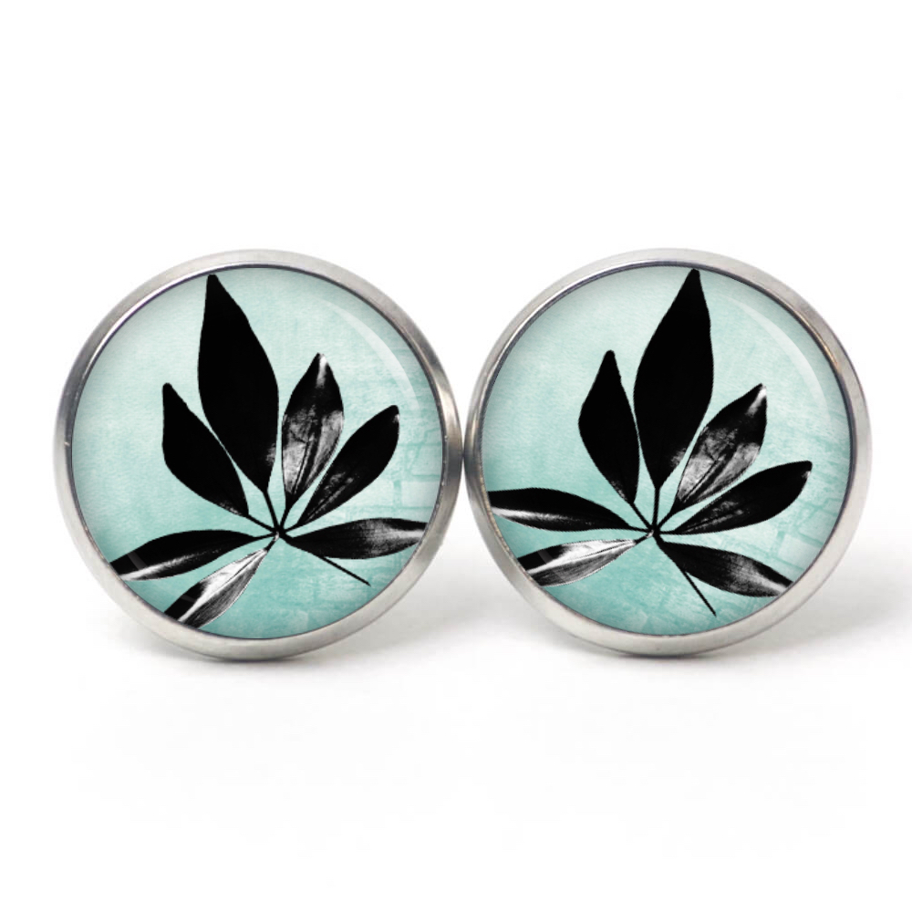 Ohrstecker, Ohrhänger, Clipse & Druckknopf – Motiv blau türkis mit schwarzem Blatt – Schmuck aus Edelstahl Ohrstecker, Ohrhänger, Clipse & Druckknopf – Motiv blau türkis mit schwarzem Blatt – Schmuck aus Edelstahl