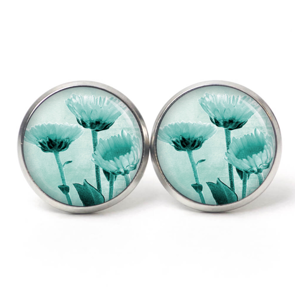 Ohrstecker, Ohrhänger, Clipse & Druckknopf – Motiv türkise Blumen – Schmuck aus Edelstahl Ohrstecker, Ohrhänger, Clipse & Druckknopf – Motiv türkise Blumen – Schmuck aus Edelstahl